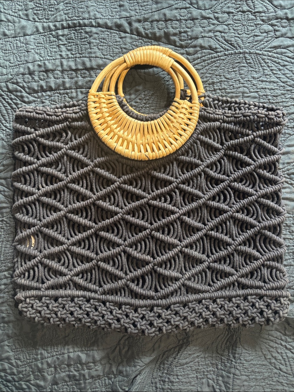 Anthropologie Macramé Tote with Natural Rattan Handles - Charcoal